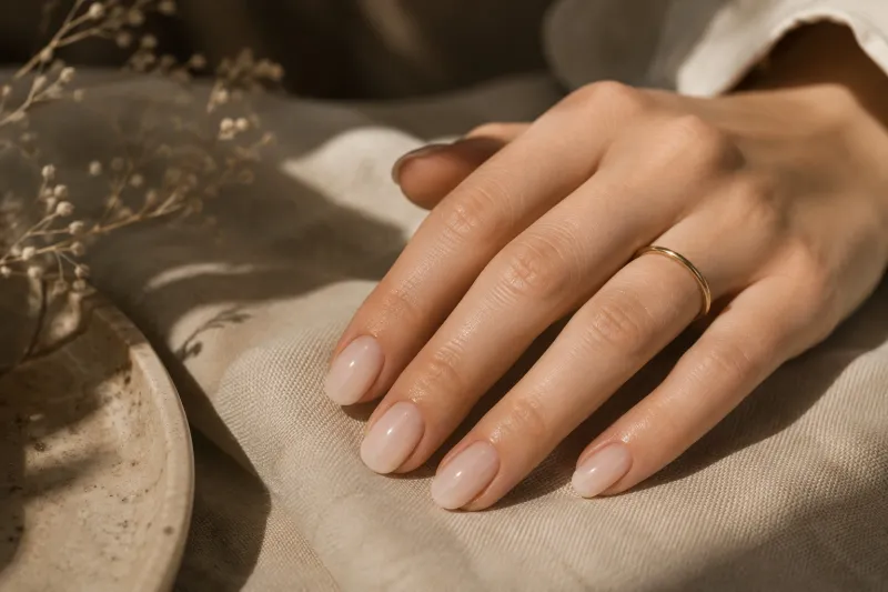 Milchige Nude-Maniküre mit kurzer ovaler Nagelform auf hellem Leinen