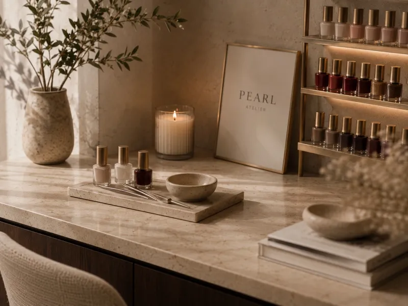Warm beleuchteter Arbeitsplatz mit Farblacken im Pearl Atelier