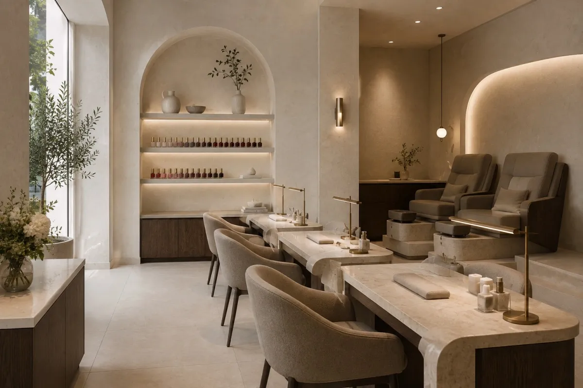 Warm eingerichteter Behandlungsplatz im Pearl Nail Atelier